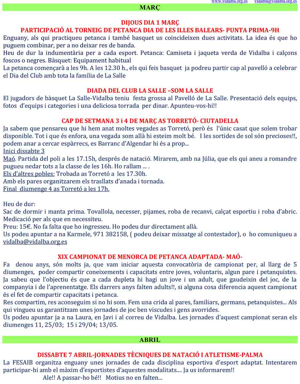 Activitats des Club Vidalba