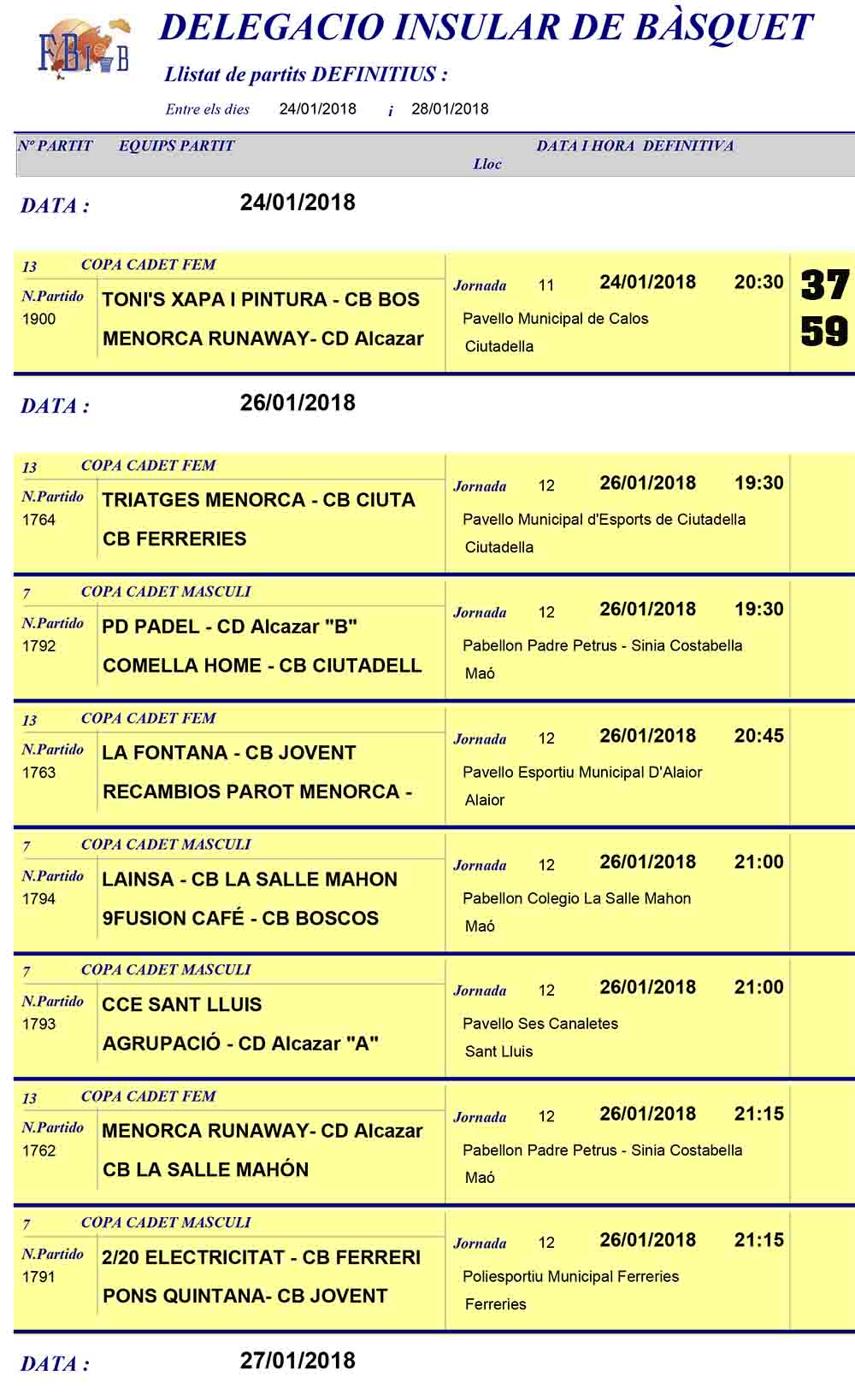 Horaris Basquet de Menorca