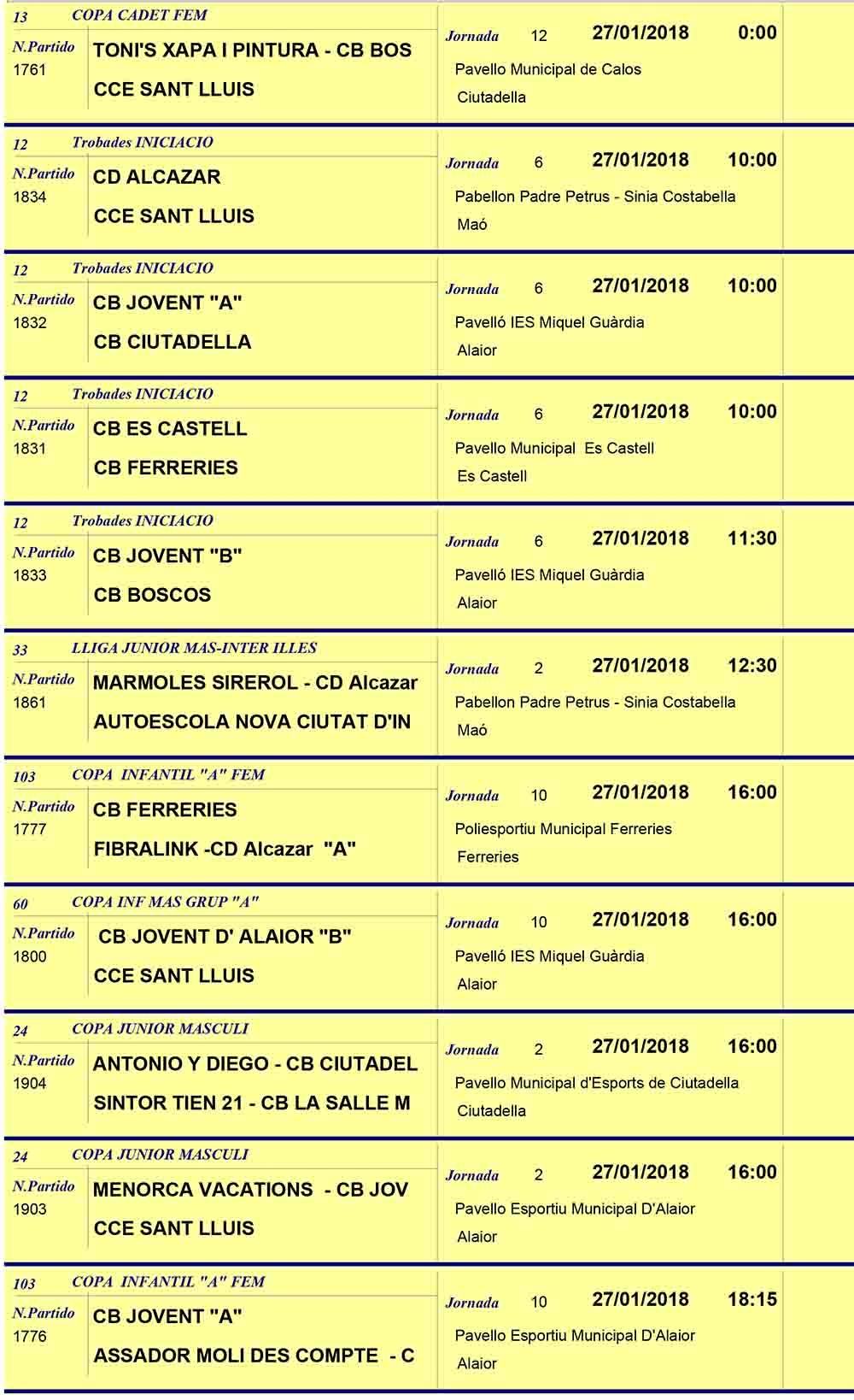 Horaris Basquet de Menorca