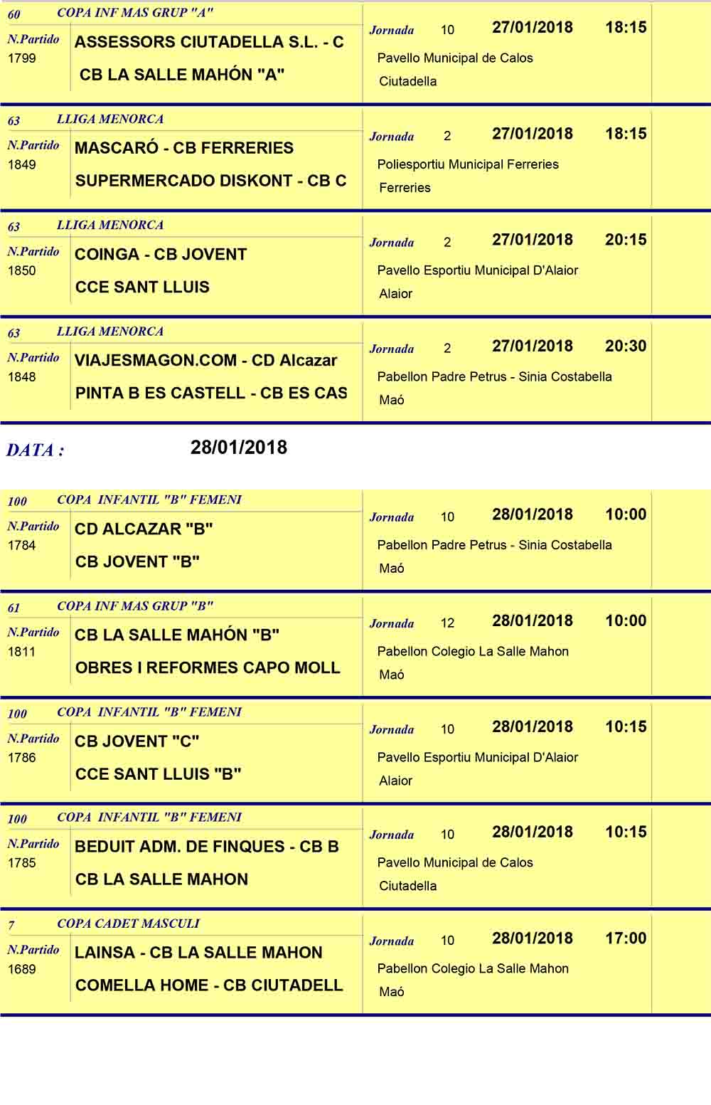 Horaris Basquet de Menorca