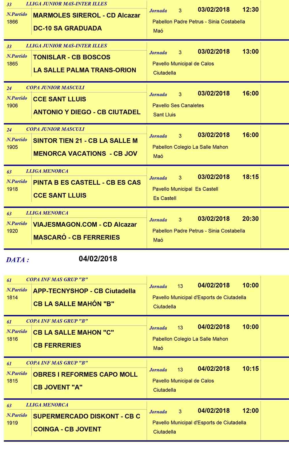 Horaris Basquet de Menorca
