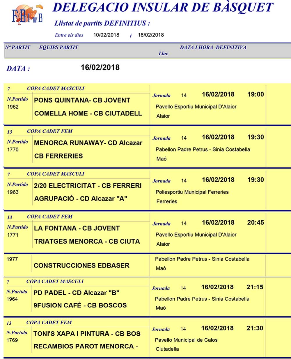 Horaris Basquet de Menorca