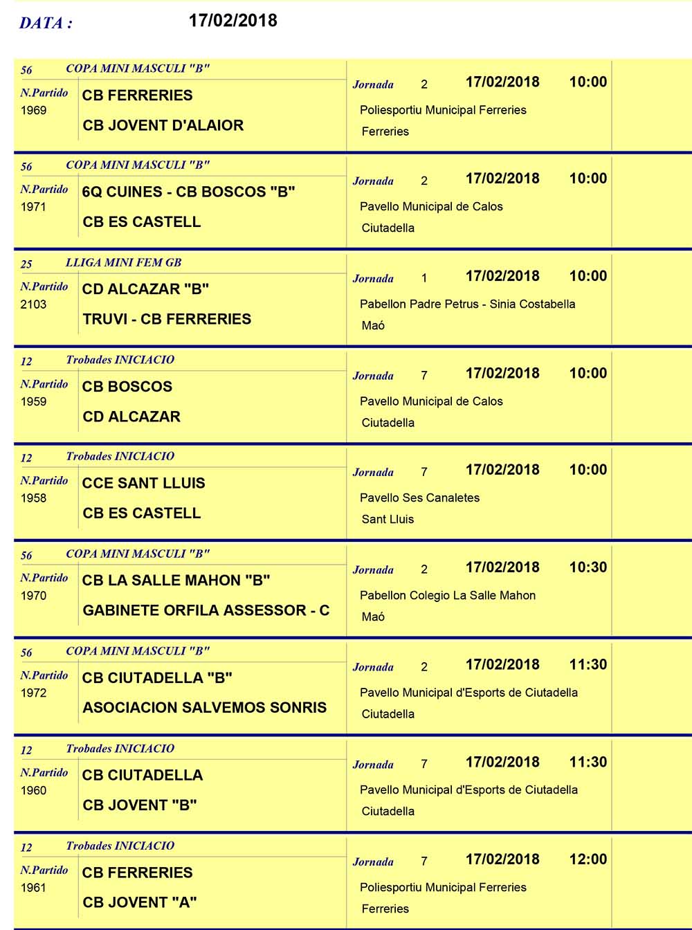 Horaris Basquet de Menorca