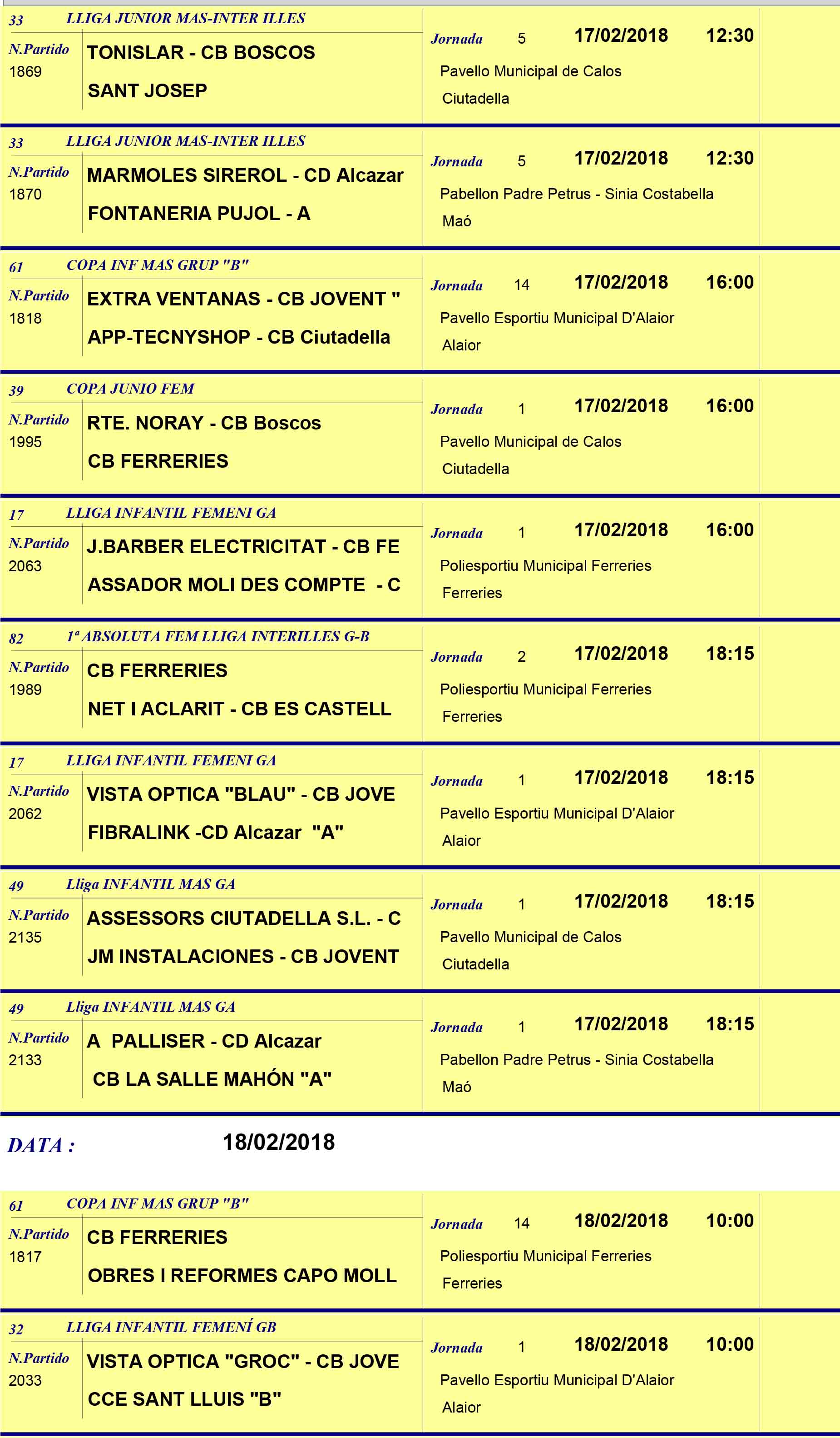 Horaris Basquet de Menorca