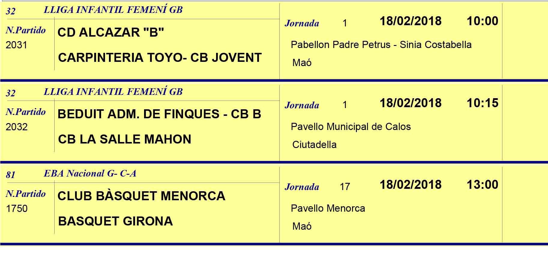 Horaris Basquet de Menorca