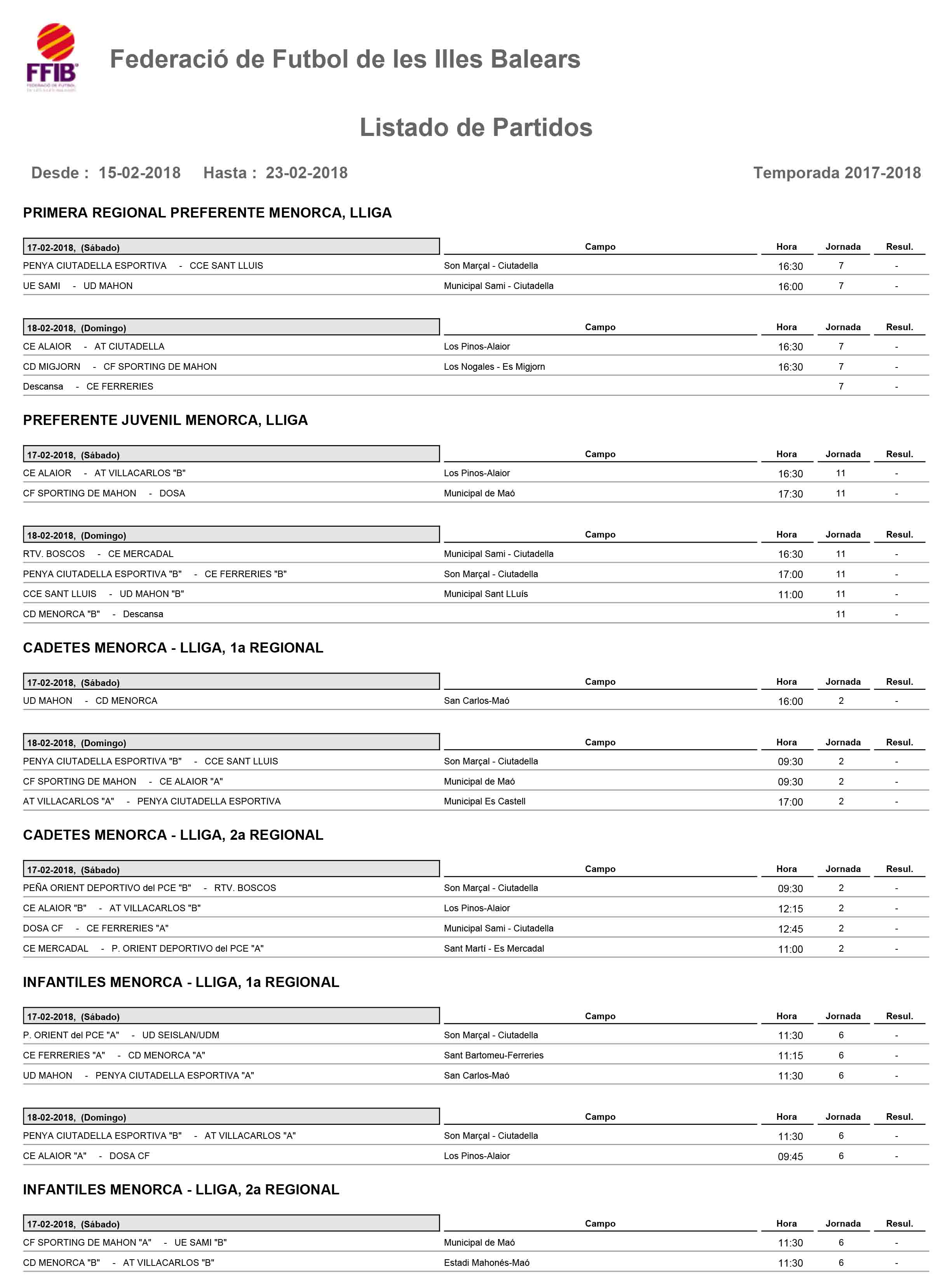 Horaris futbol de Menorca