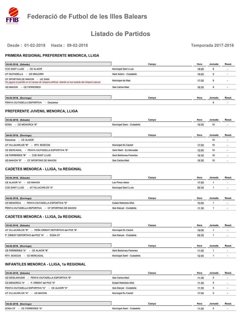 Horaris futbol de Menorca