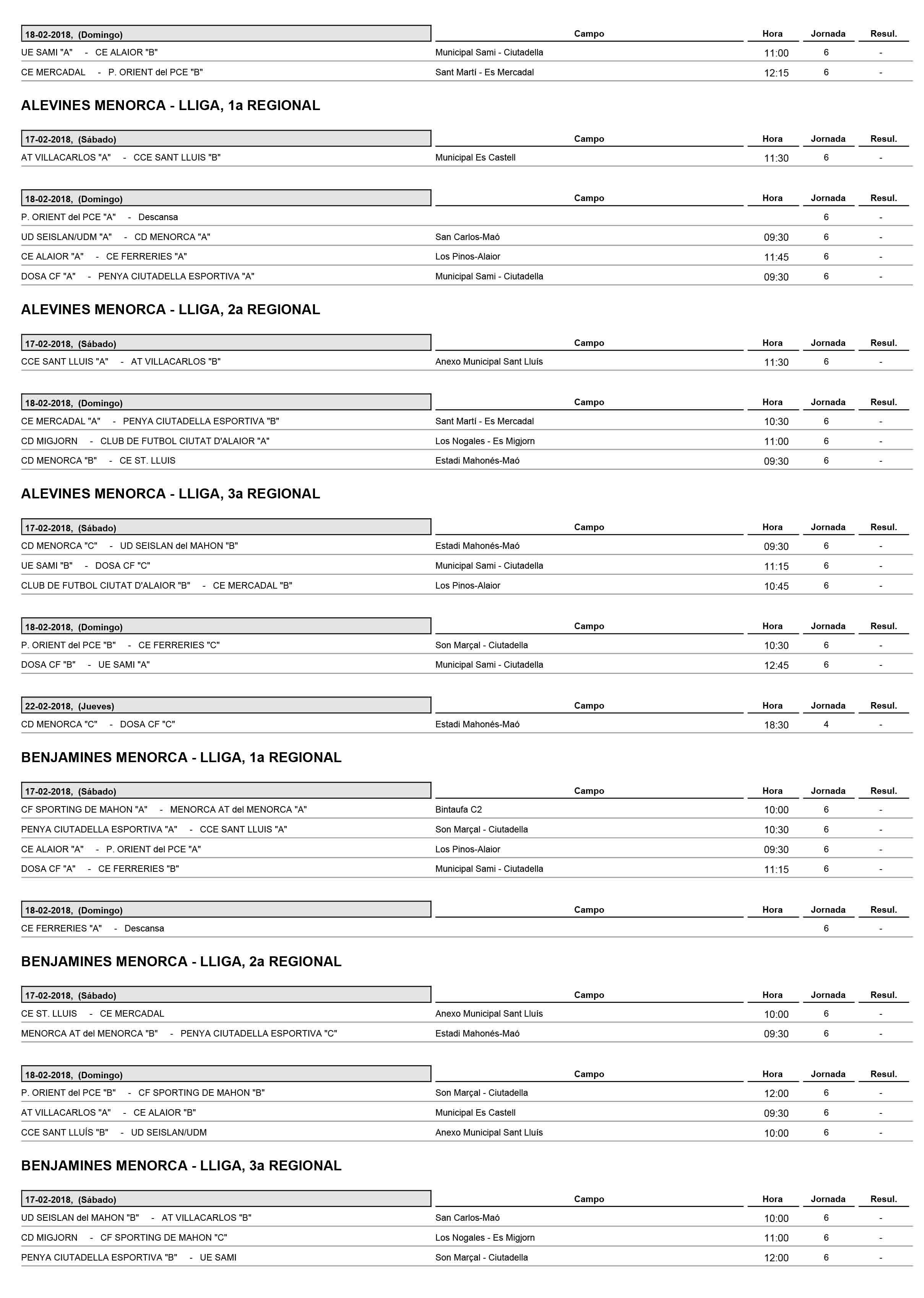 Horaris futbol de Menorca