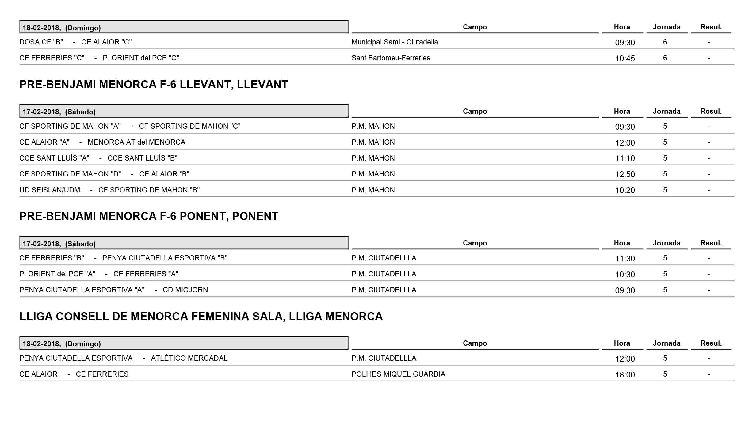 Horaris futbol de Menorca