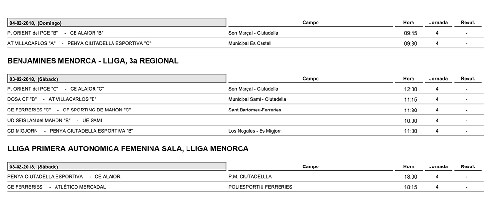 Horaris futbol de Menorca