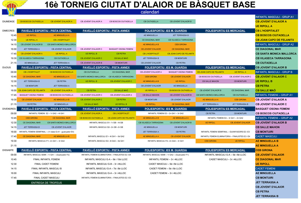 CALENDARI Torneig Ciutat d'Alaior bàsquet base 2018
