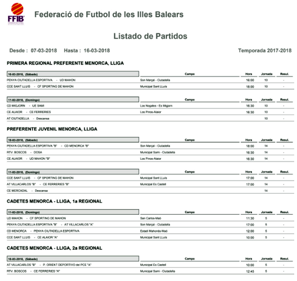 Horaris futbol de Menorca
