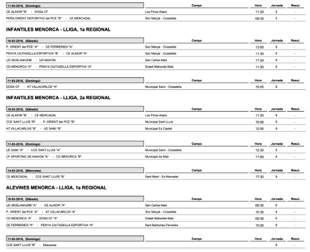 Horaris futbol de Menorca
