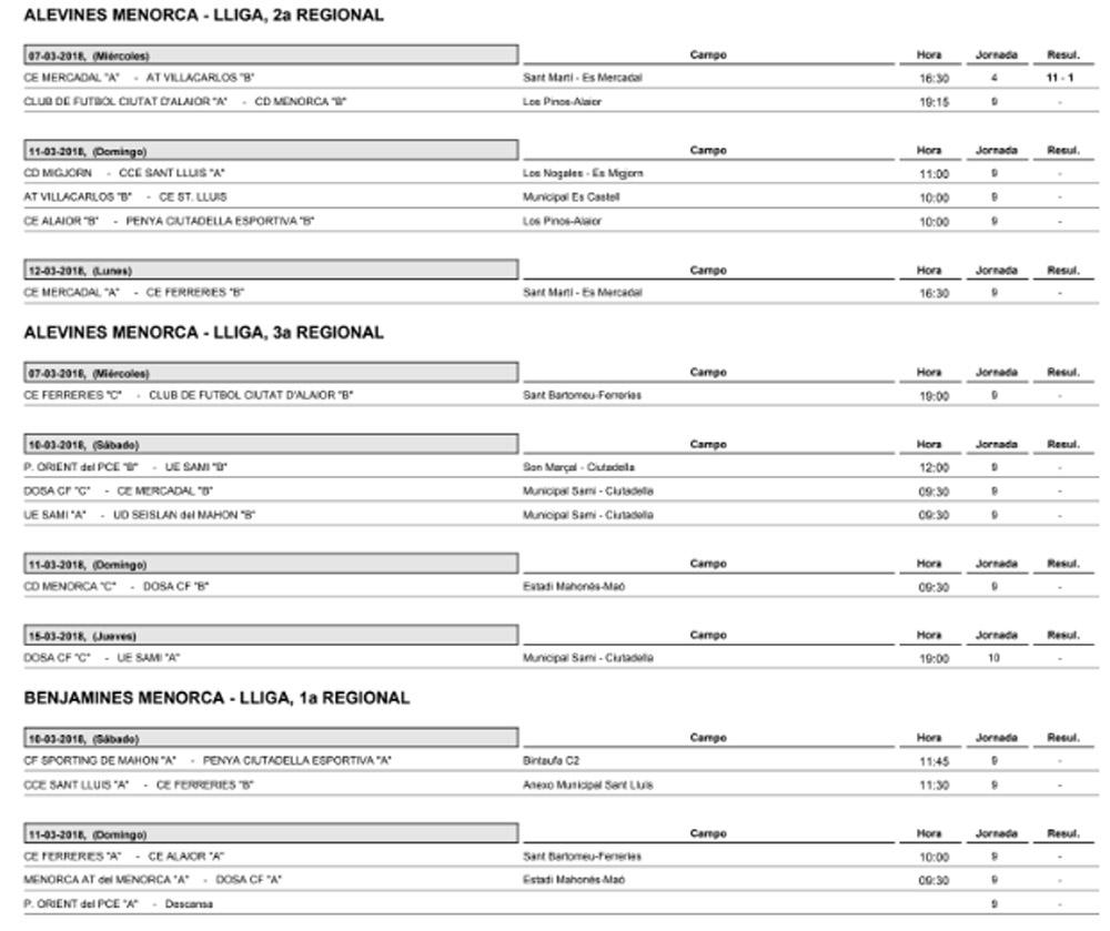 Horaris futbol de Menorca