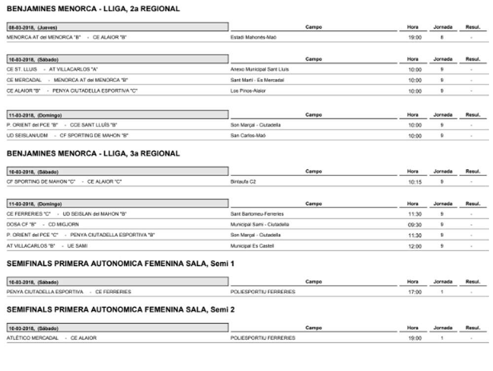 Horaris futbol de Menorca