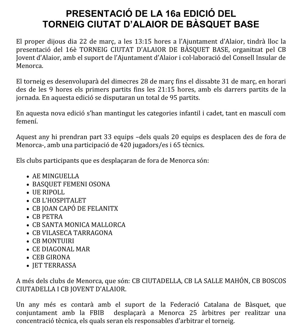 Presentacio 16a Edicio Torneig Ciutat d'Alaior bàsquet base
