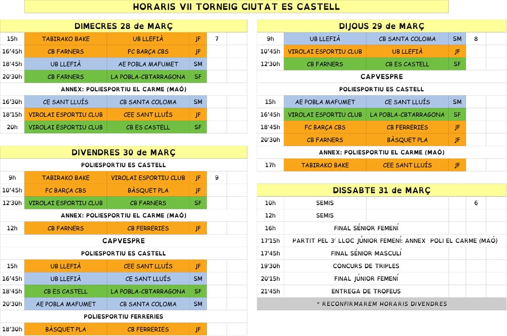 Programació partits VII Torneig Bàsquet Es Castell