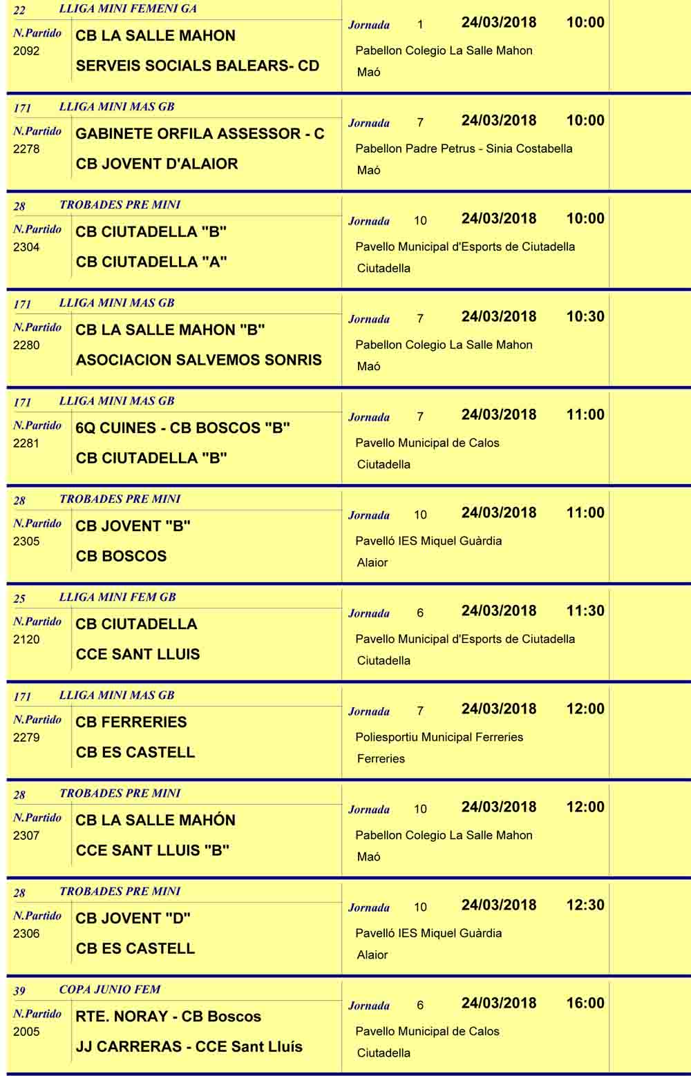 Horaris Bàsquet de Menorca