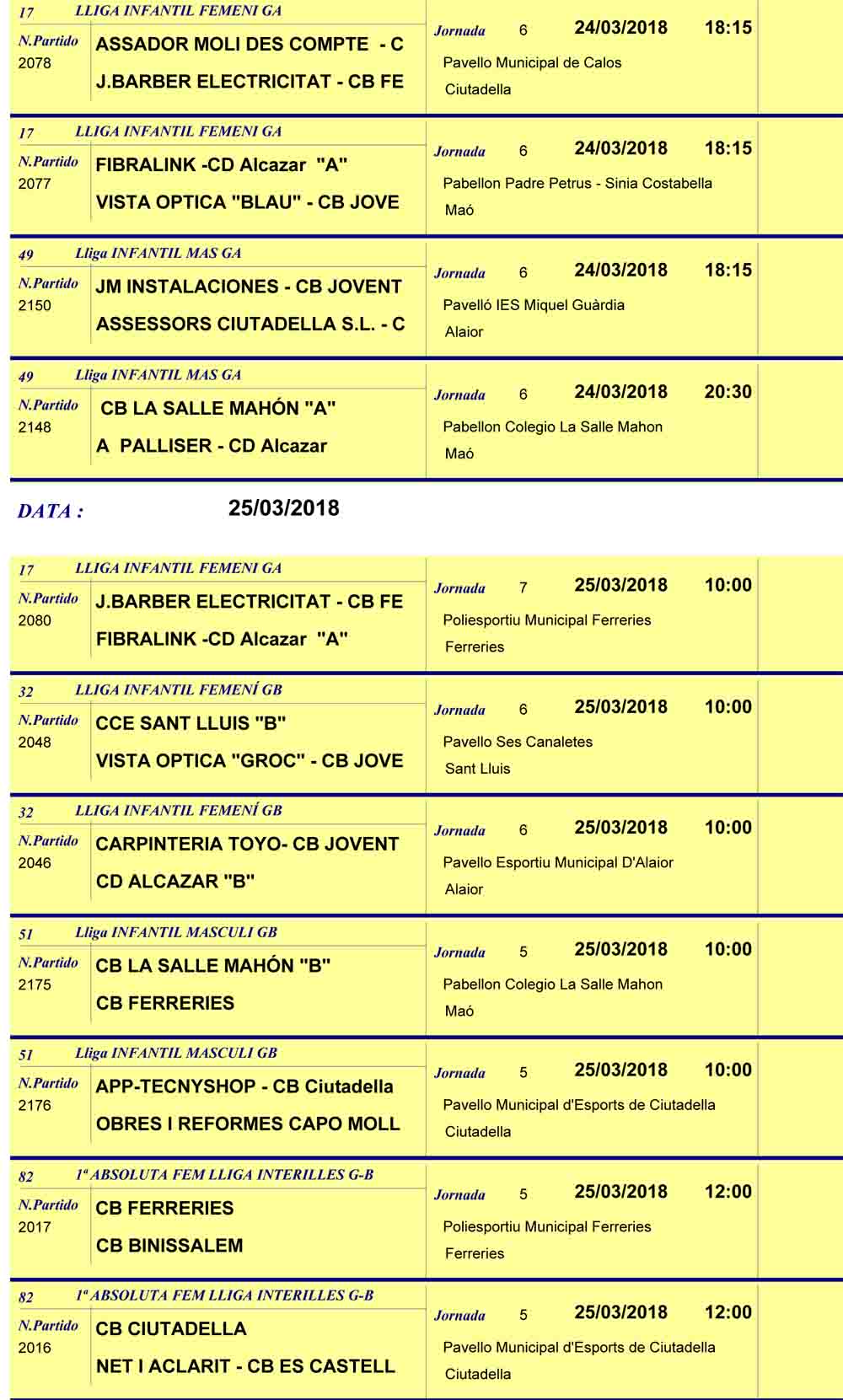 Horaris Bàsquet de Menorca