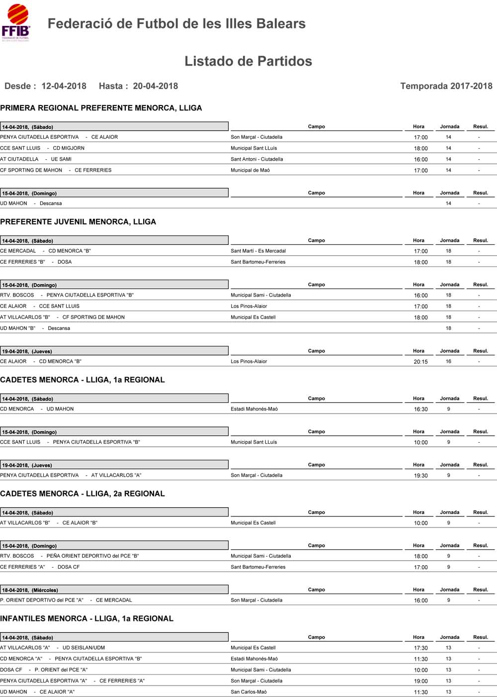 Horaris futbol Menorca