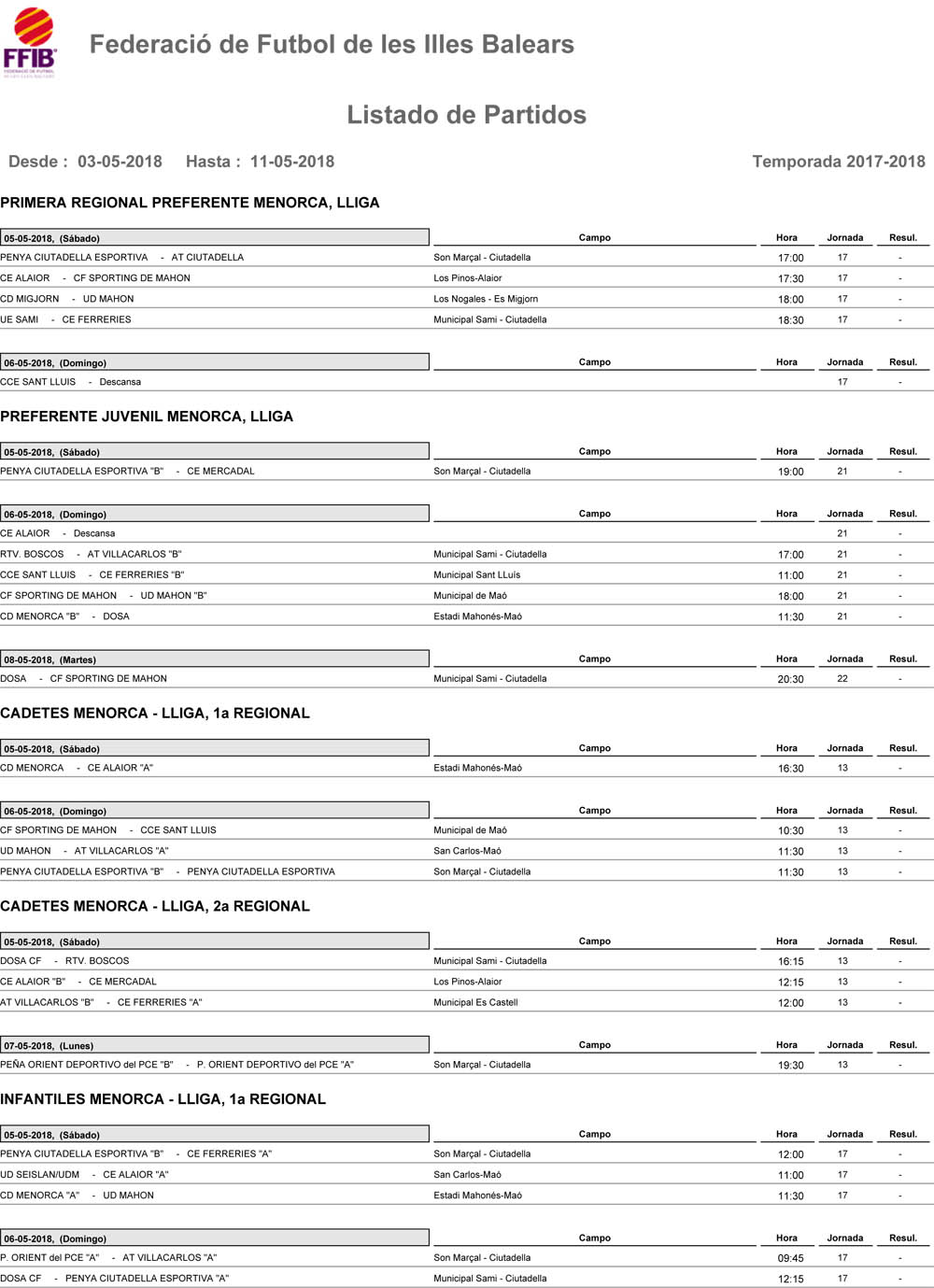Horaris futbol Menorca