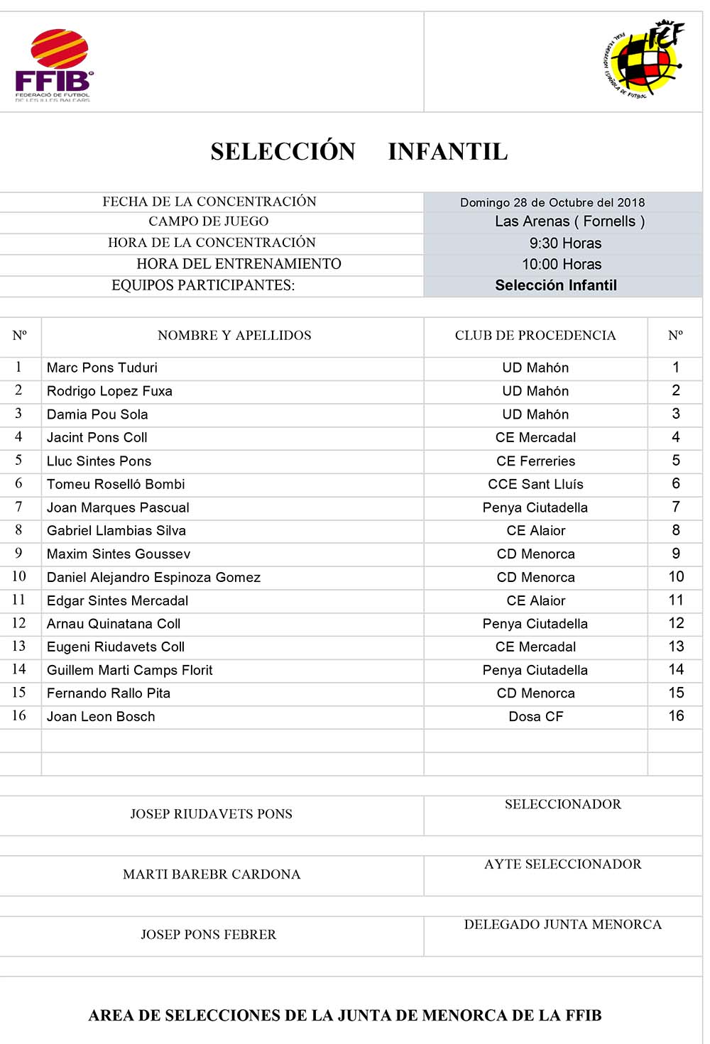 151126 Convocatoria Selección  INFANTIL