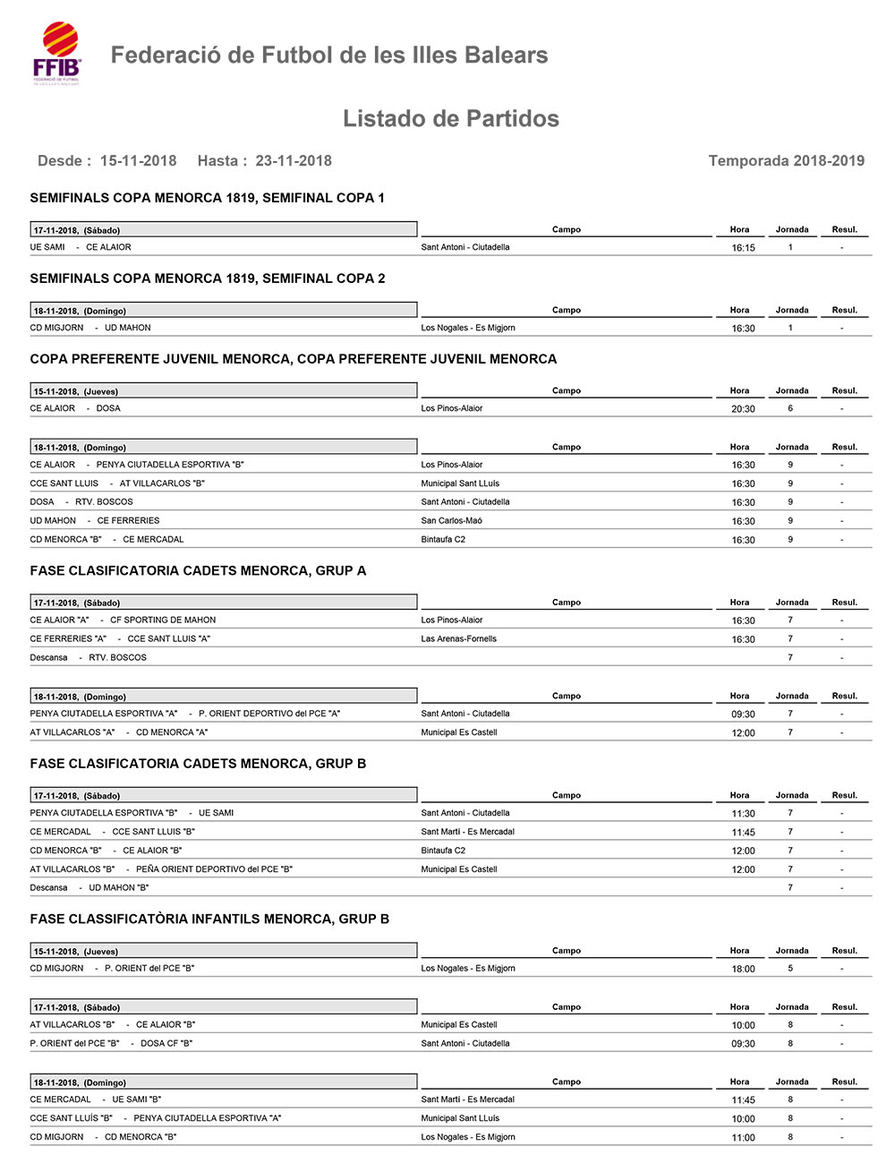 Horarios Futbol Menorca