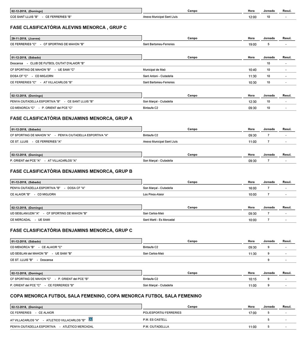 Horarios Futbol Menorca