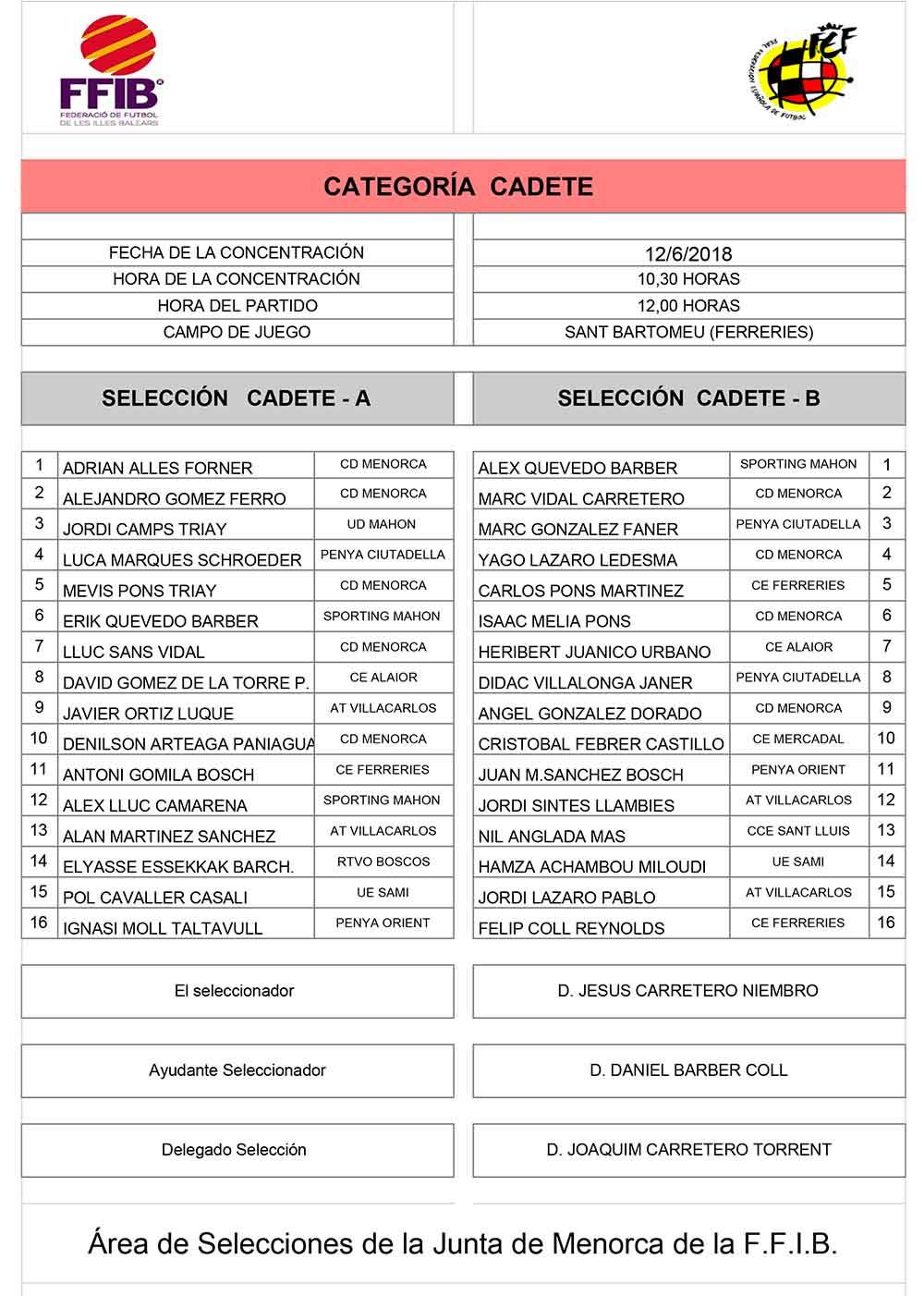 CONVOCATÒRIA SELECCIÓ CADETE 1819