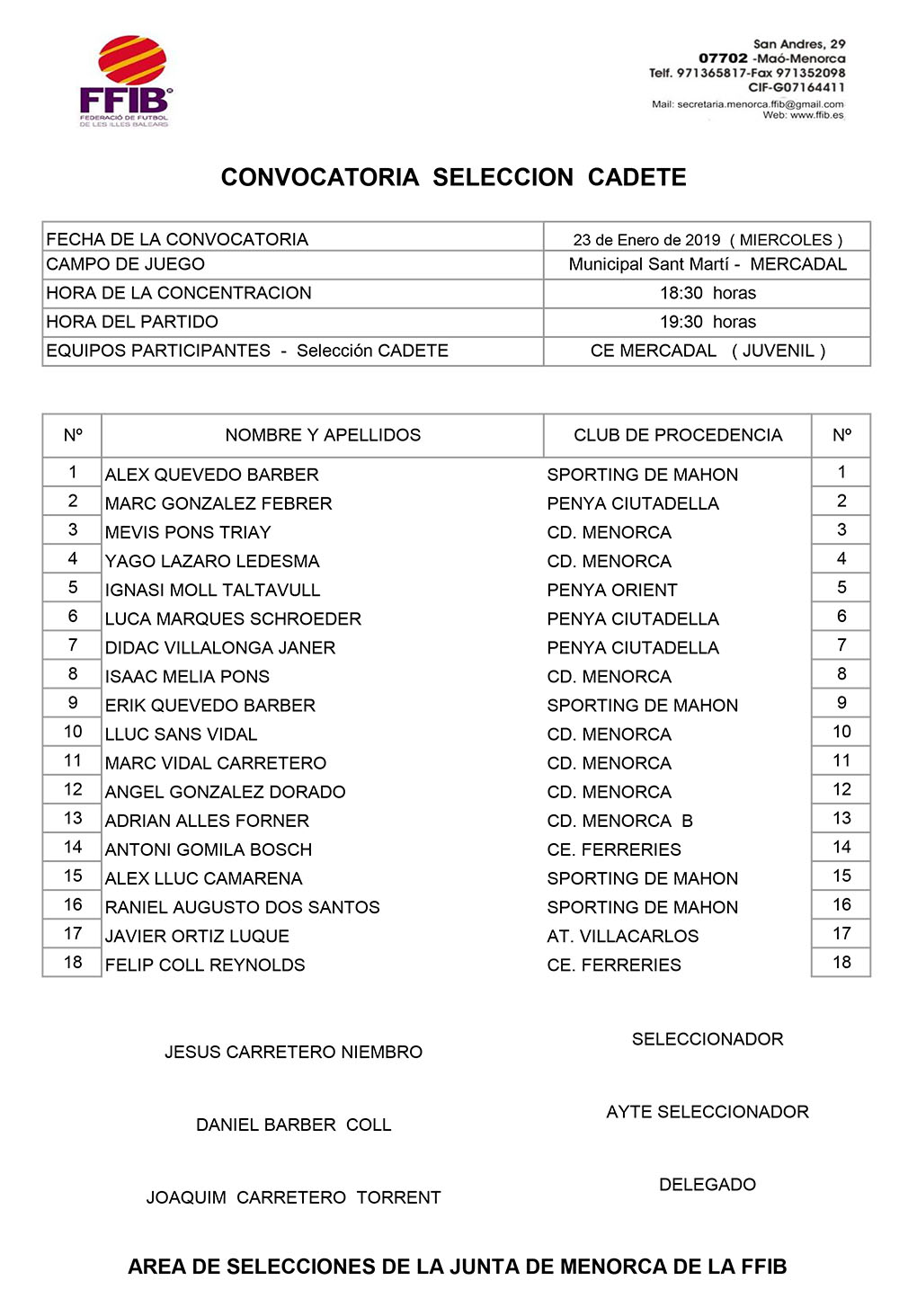 CONVOCATÒRIA SELECCIÓ CADET 1819