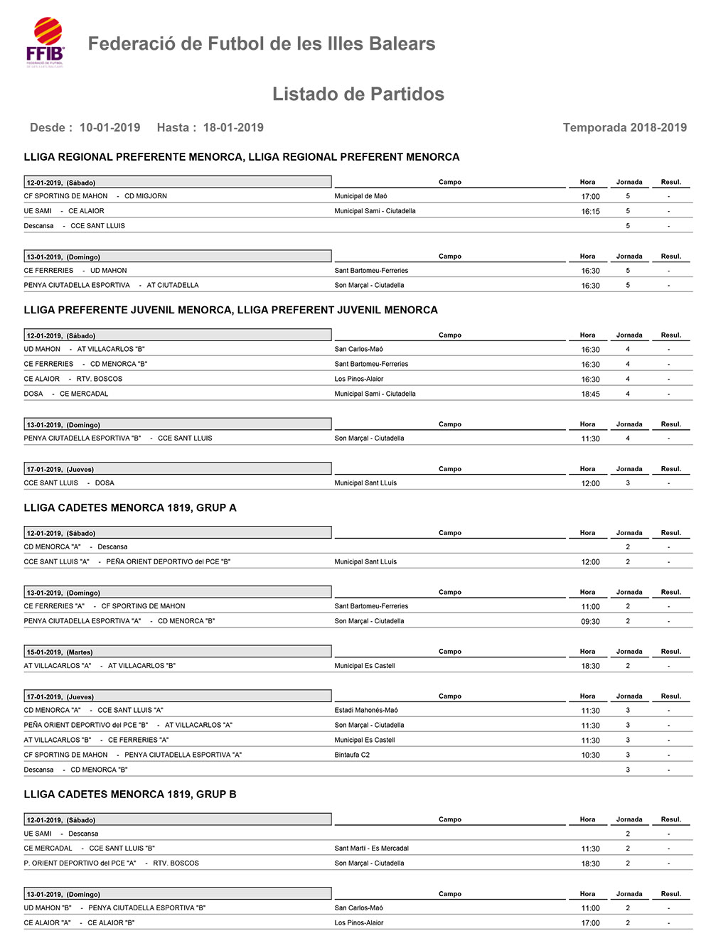 Horarios Futbol Menorca