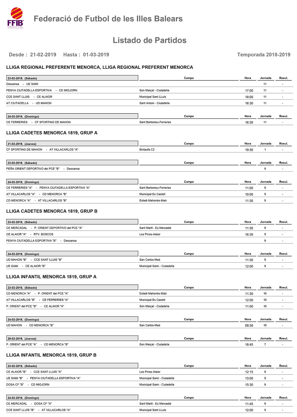 Horarios Futbol Menorca