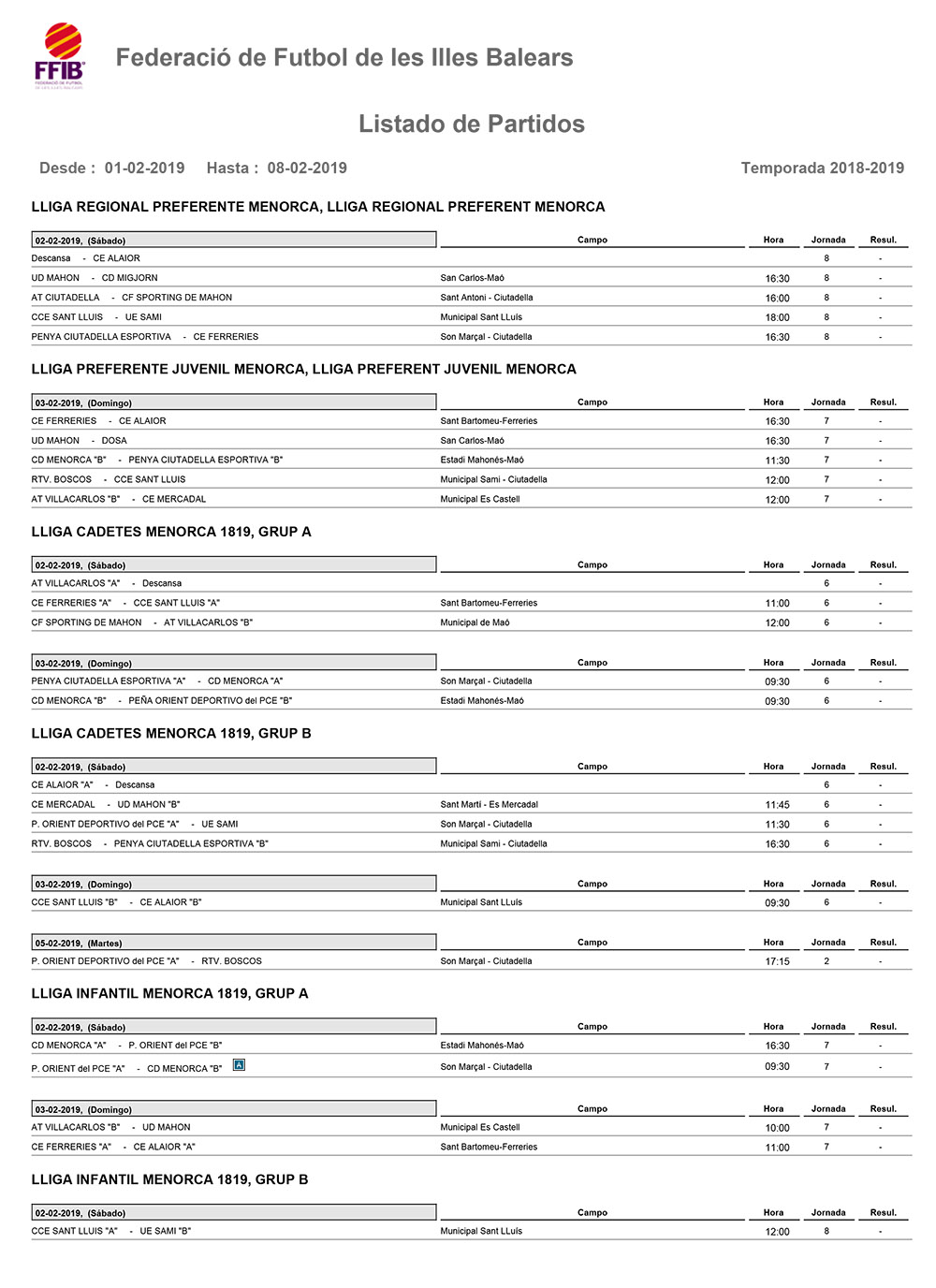 Horarios Futbol Menorca