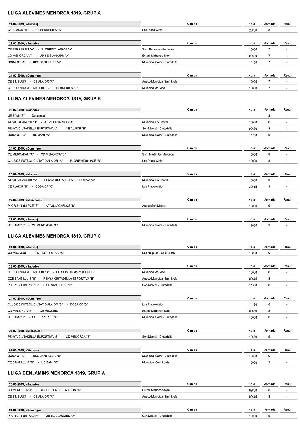 Horarios Futbol Menorca