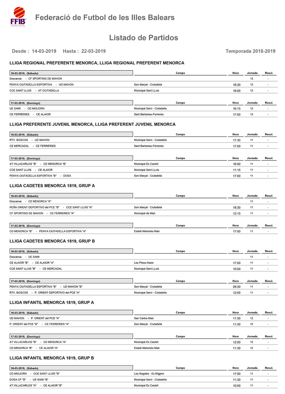 Horarios Futbol Menorca
