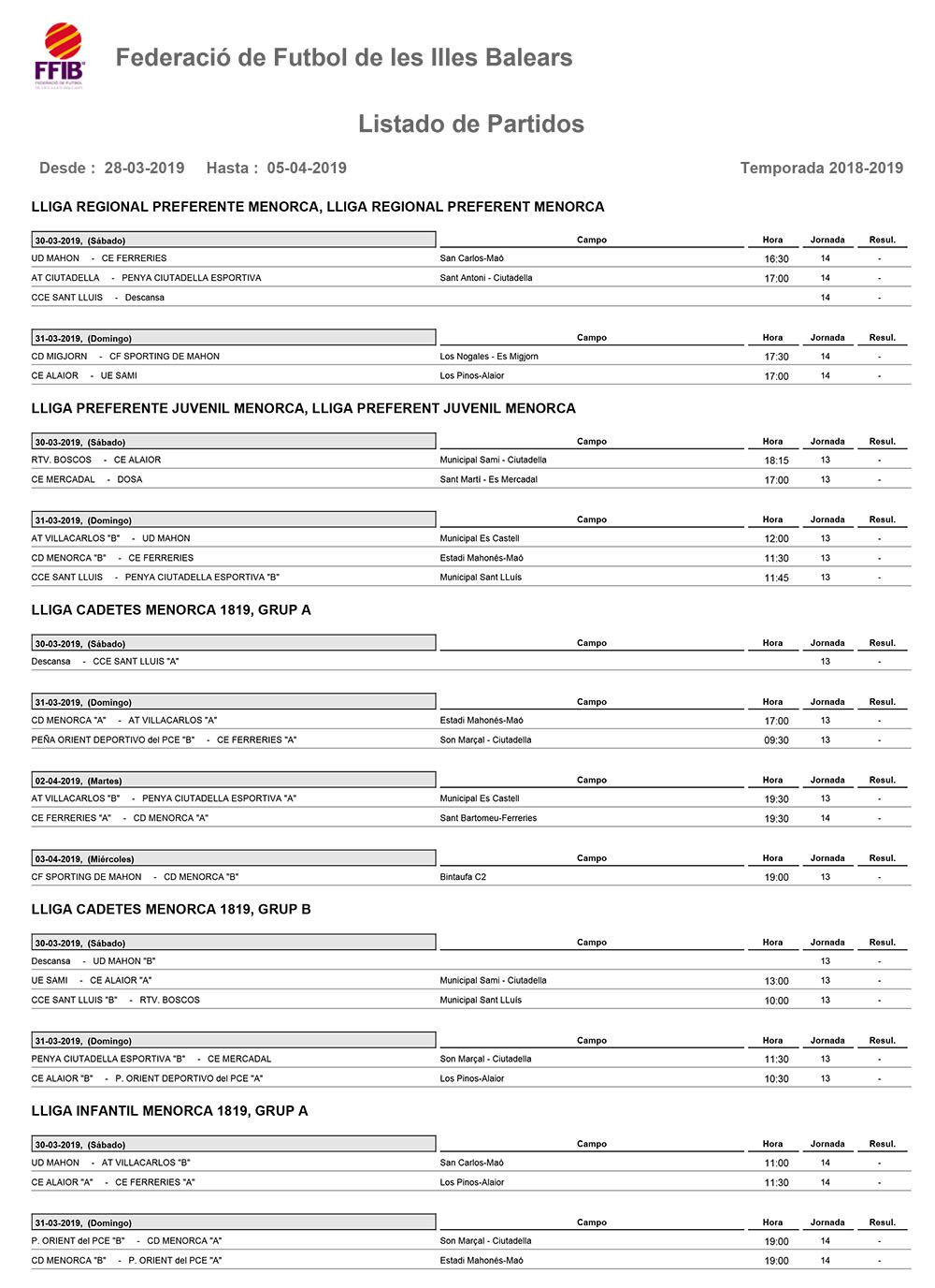 Horarios Futbol Menorca