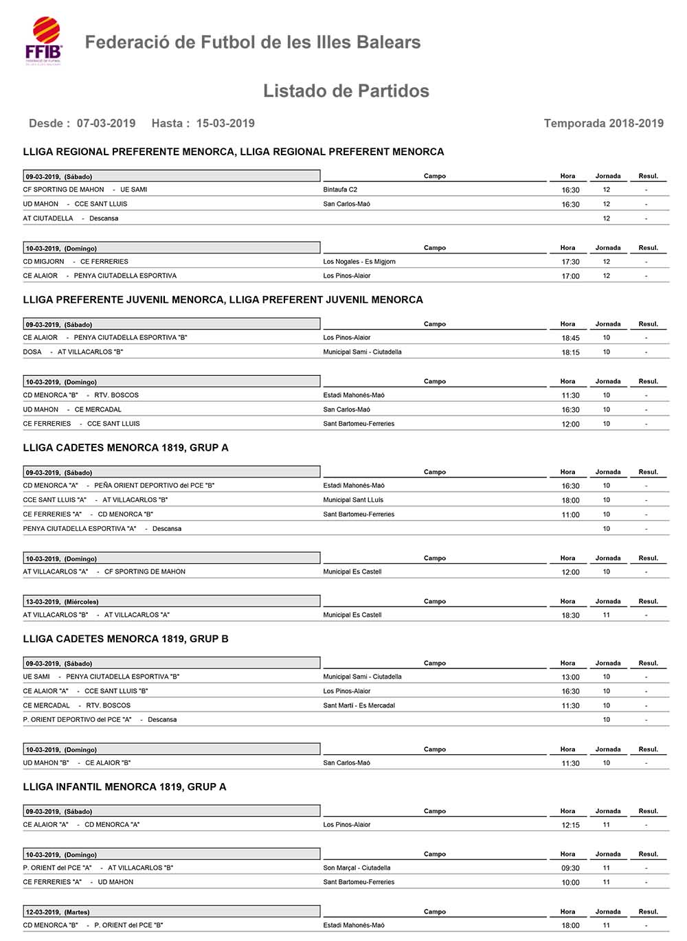 Horarios Futbol Menorca