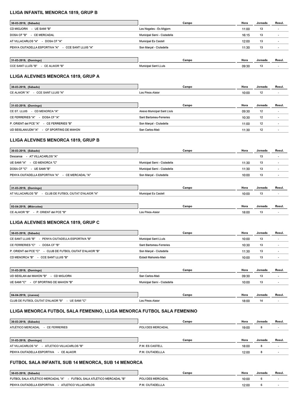 Horarios Futbol Menorca