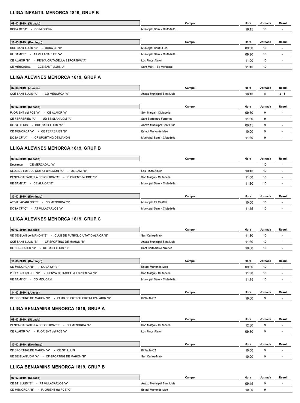 Horarios Futbol Menorca
