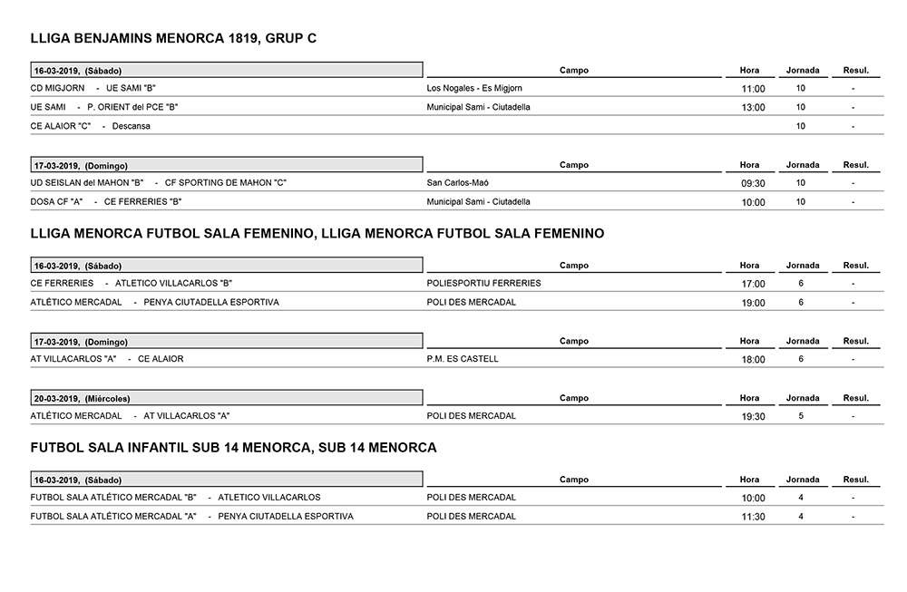 Horarios Futbol Menorca