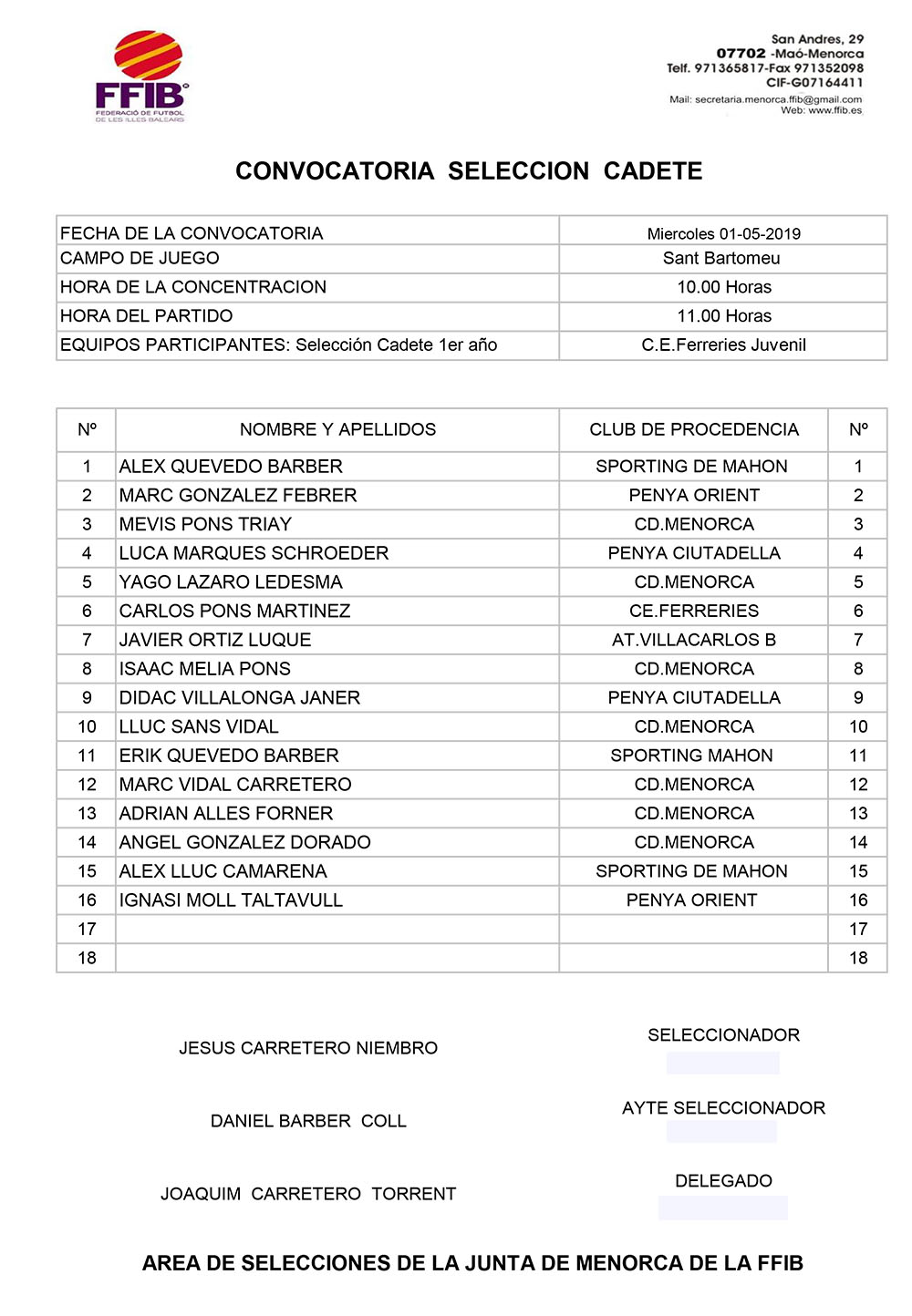 CONVOCATÒRIA SELECCIÓ CADET 190501