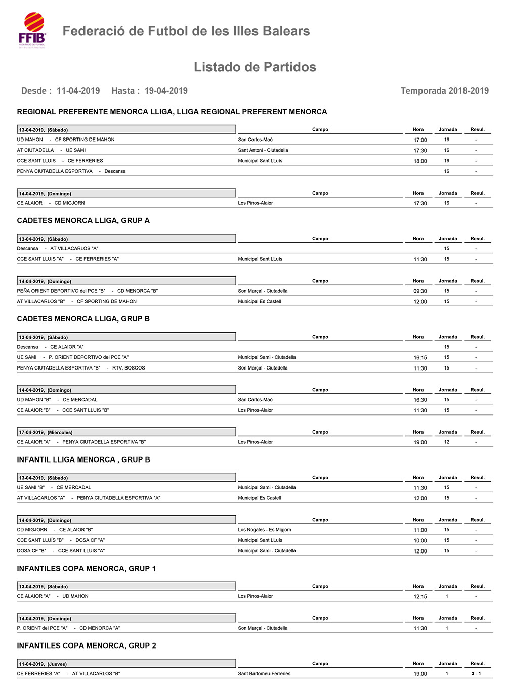 Horarios Futbol Menorca