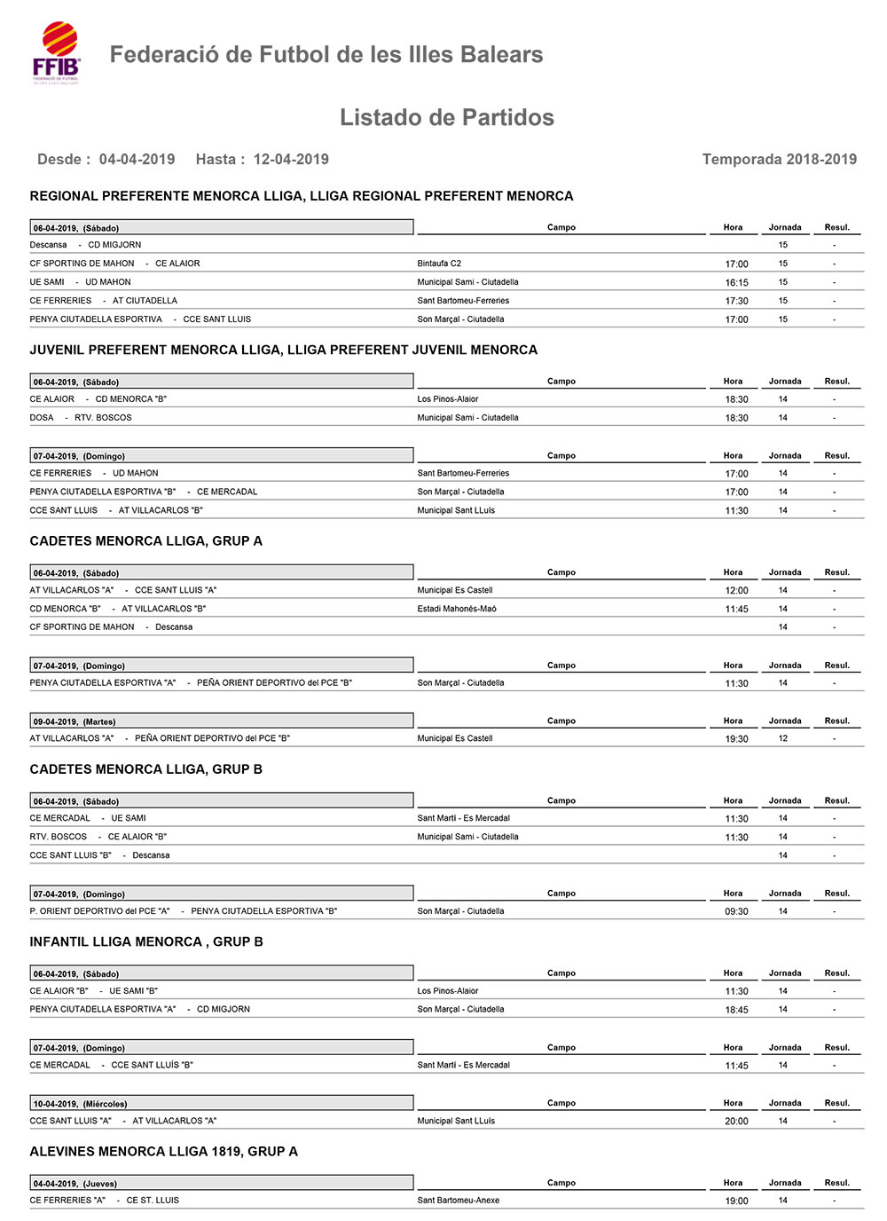 Horarios Futbol Menorca