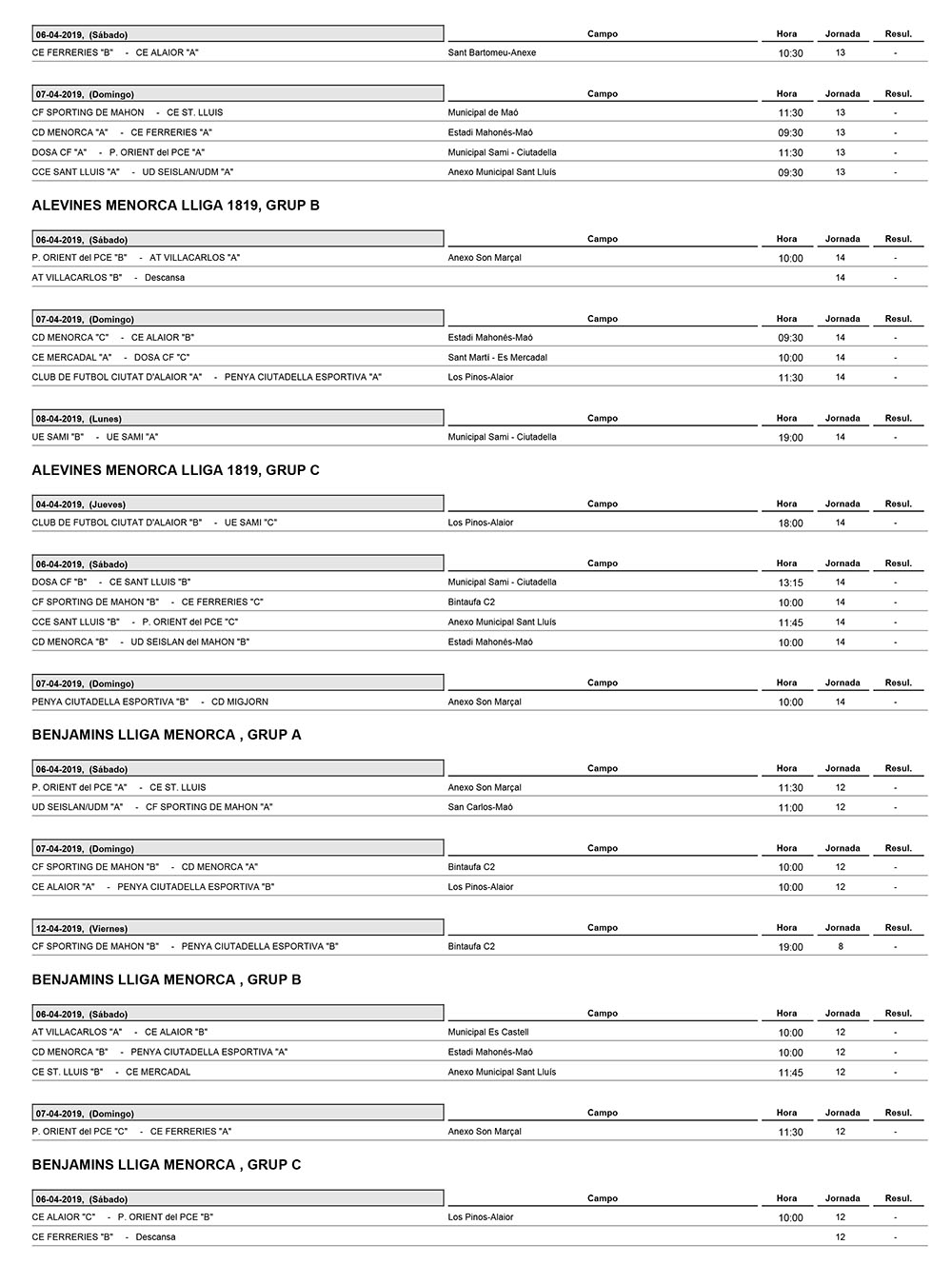 Horarios Futbol Menorca