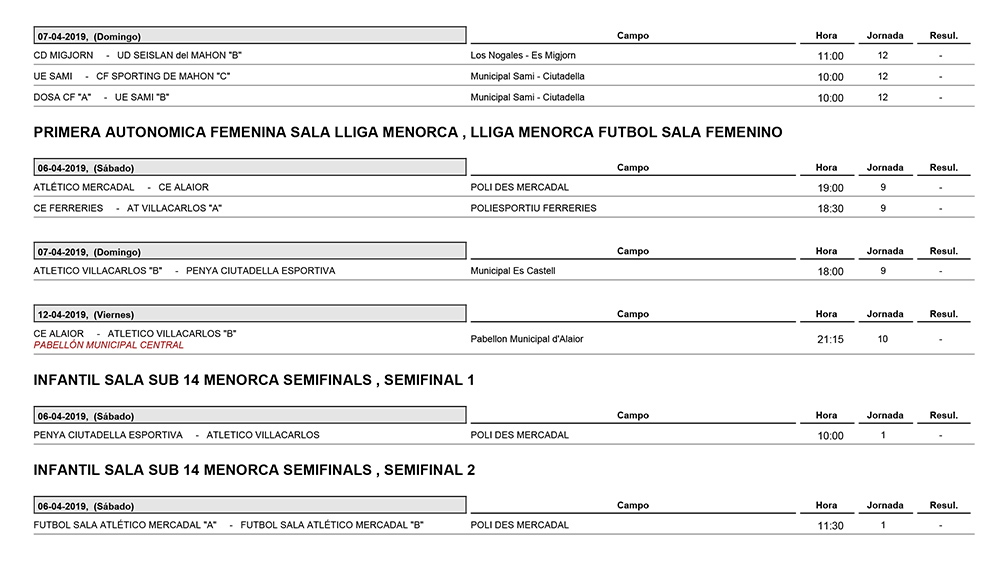 Horarios Futbol Menorca