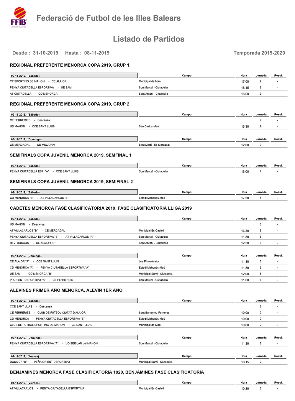 Horarios Futbol Menorca