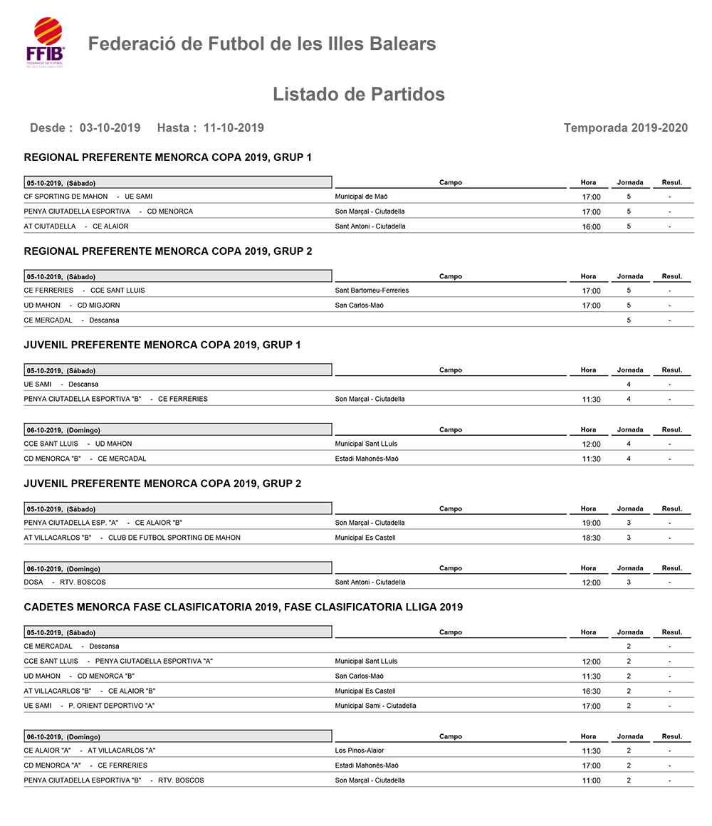 Horarios Futbol Menorca