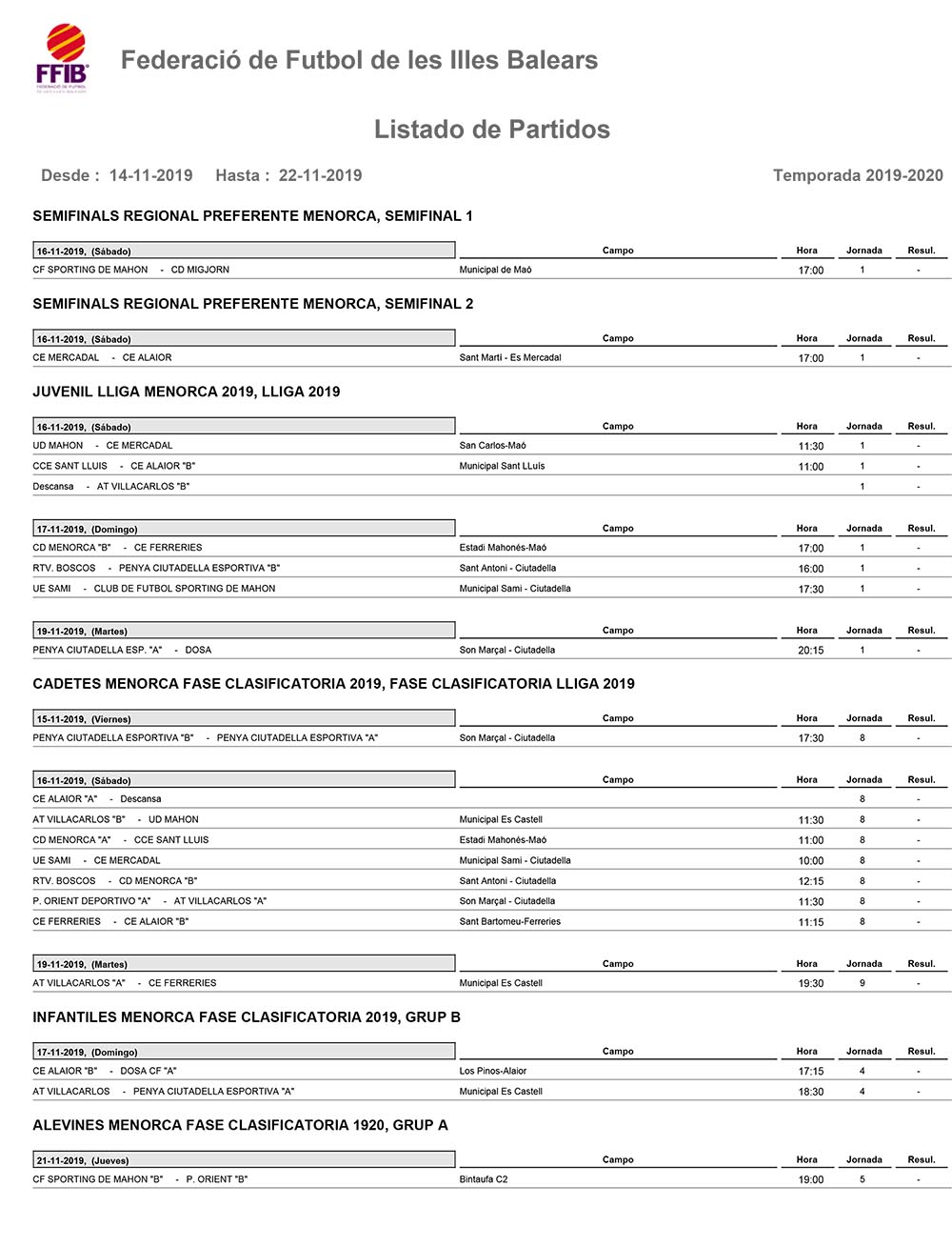 Horarios Futbol Menorca