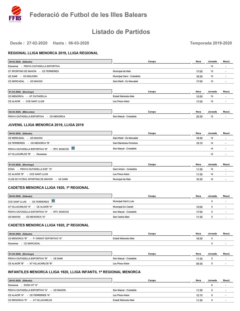 Horarios Futbol Menorca