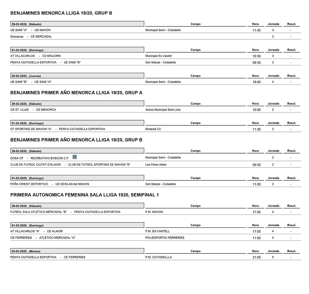 Horarios Futbol Menorca